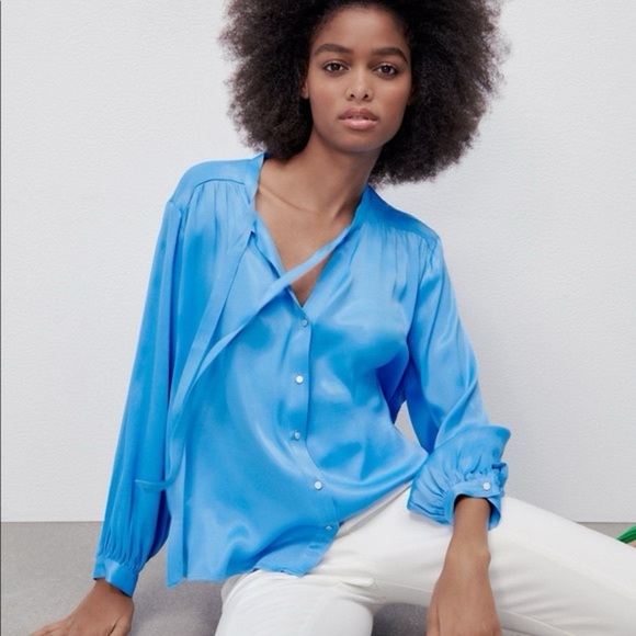 Zara Satin Bow Tie V-Neck Long Sleeve Button Up Blouse Chic | Sky Blue | Medium - Picture 2 of 11